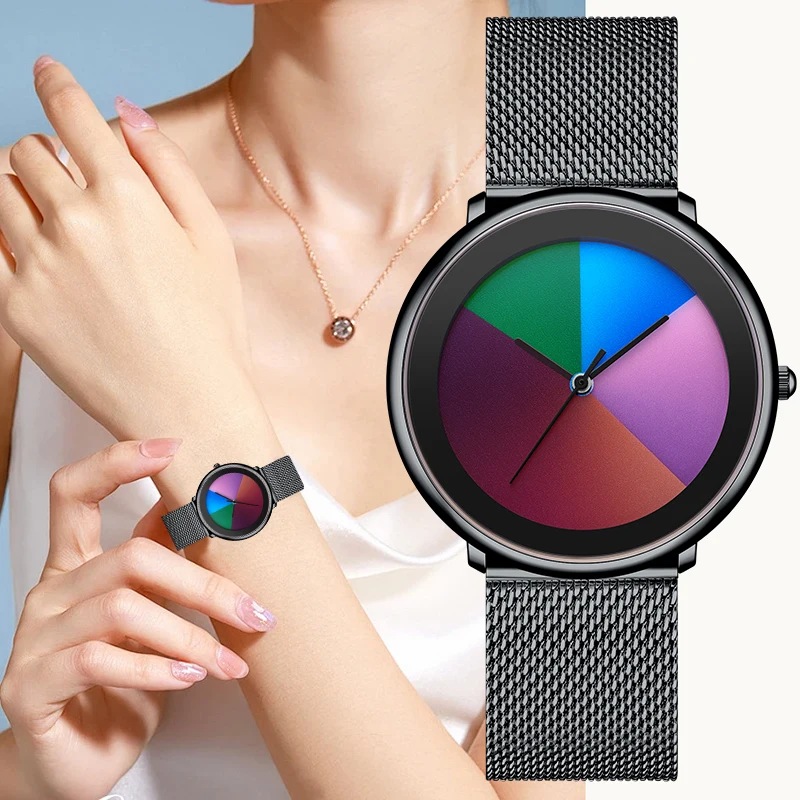 

Новые уникальные модные полосатые женские часы LIGE с меняющим цвет циферблатом, повседневные ультратонкие сетчатые часы, водонепроницаемые кварцевые женские наручные часы