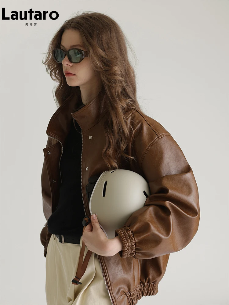 Lautaro-Oversized Faux Leather Bomber Jacket dla kobiet, Unisex Clothes, Zip Up, Brown, Black, Luxury, Designer, Spring, Autumn