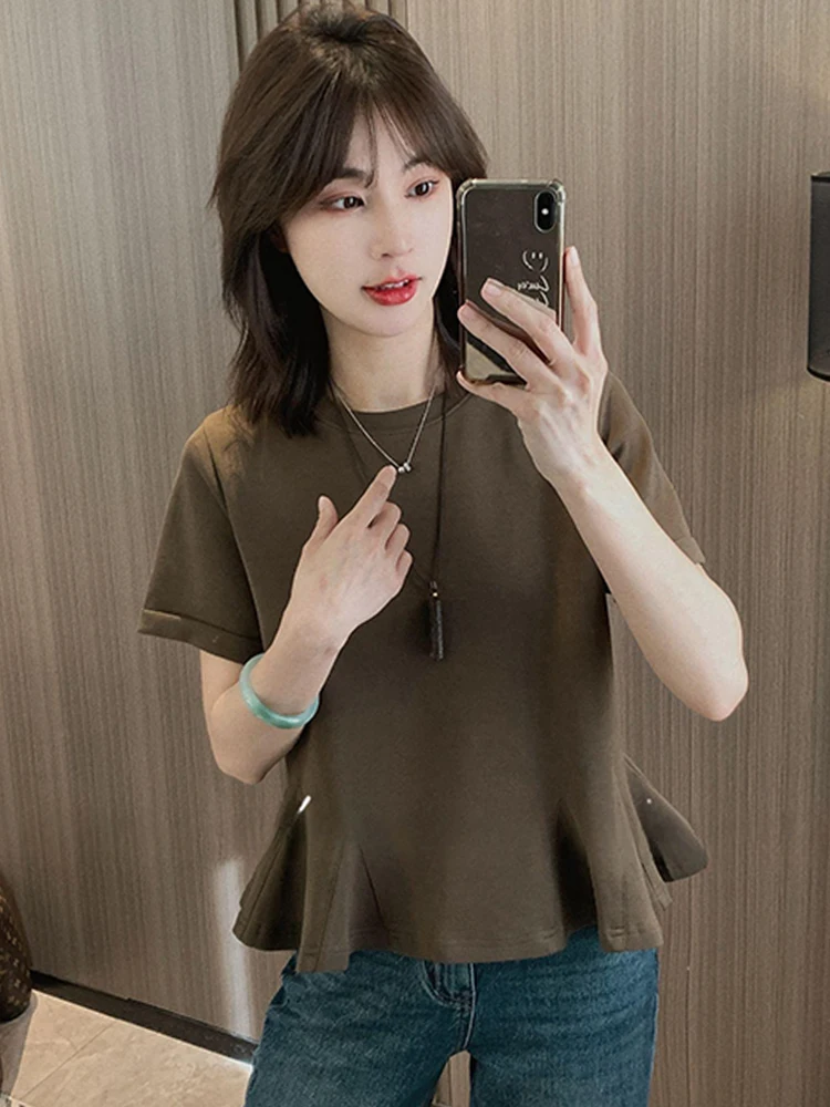 

Faionable Unique Loose Women's T-irt ort Sve Lace Hem Commute Sle Summer New Arrival Korean Version Breathable Ski...