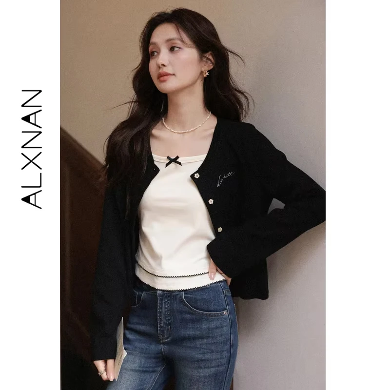 Alxnan vermelho malha cardigan curto vintage elegante solto-ajuste carta bordado jumpers 2025 outono manga longa malha topo l56865