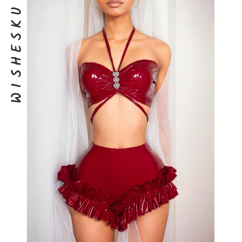 

Two Piece Set Women PU Leather Outfits Sexy Halter Corset Crop Top+High Waist Ruffled Hot Shorts 2024 Spring Lolita Y2K Clothes