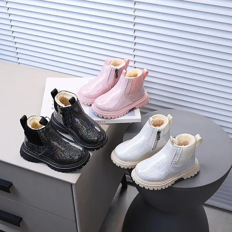 

Kawaii Casual Shoe Fashion Childrens Shoe New British Style Kids Boots Side Zipper Unisex Soft Sole Fleece Lined Short Boots