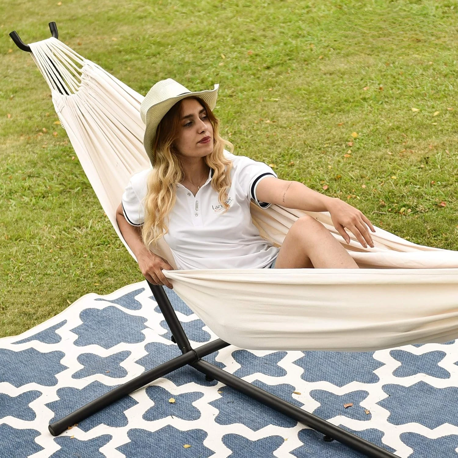 Hammocks Double Hammock with 9ft Space-Saving Steel Stand Includes Portable Carrying Case, 450 Pounds Capacity (Natural)