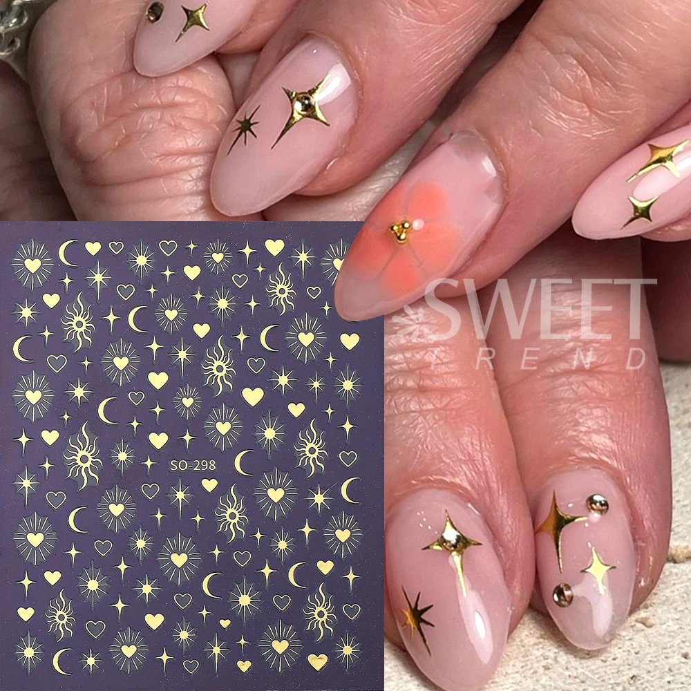 3/6 pçs y2k estrela adesivos de unhas ouro tira amor coração sol lua luz das estrelas forma decalques slider manicure decoração suprimentos para unhas