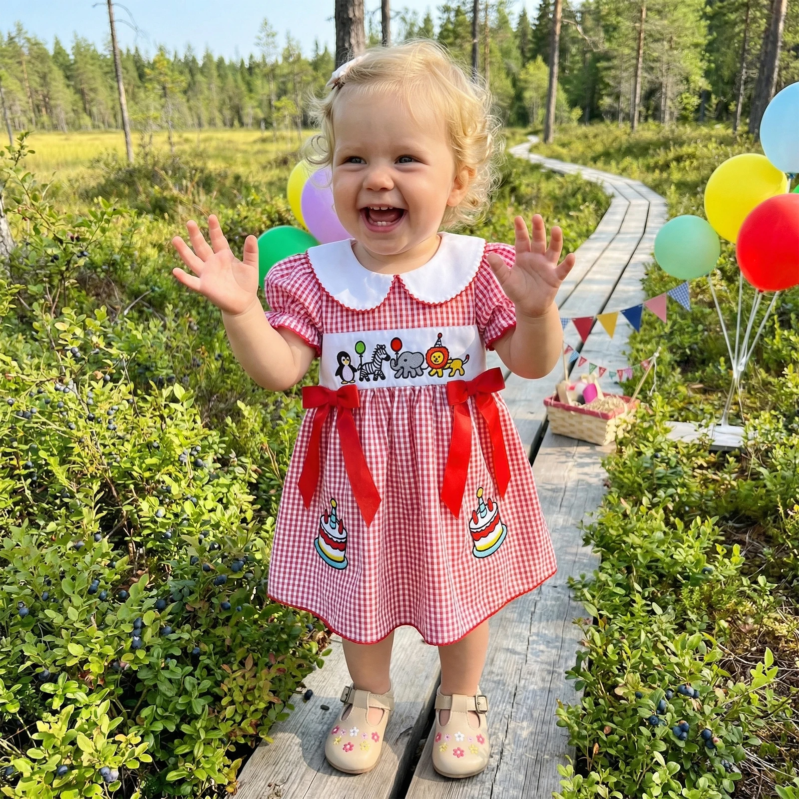 

Kids Girl’s Dress, Short Sleeve Doll Collar Animal Cake Plaid Summer Dress Birthday Clothes