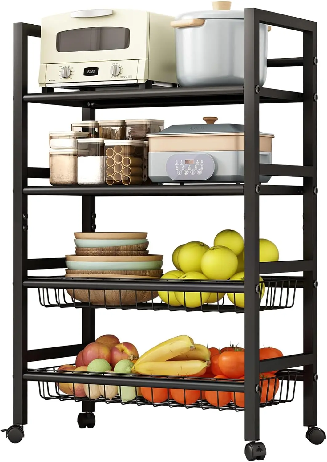 

4-Tier Rolling Metal Storage Cart with Removable Basket and Locking Wheels, Black Large