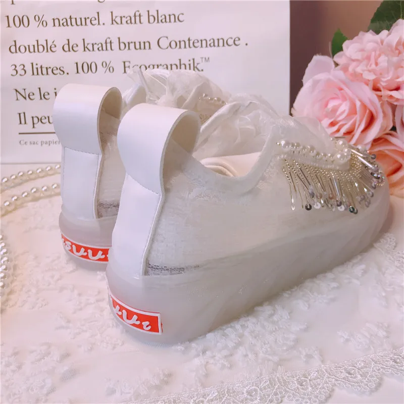 Women Sneakers New Transparent Lace Strap Crystal Rhinestone Pearls Tassel Platform Thick soled Ladies Causal Beautiful Shoes