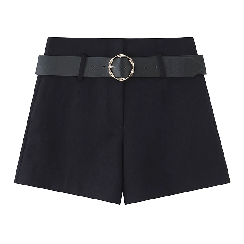 Willshela Damenmode 2-teiliges Set Schwarz Einreiher Jacken & Vintage Shorts mit Reißverschluss vorne Weibliche schicke Damen-Shorts-Sets