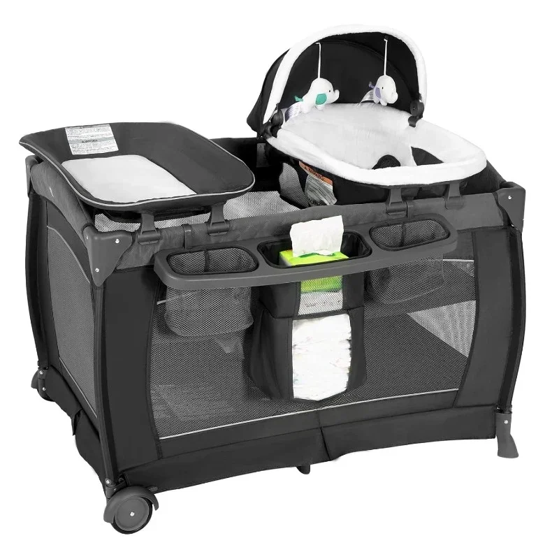 

HOT Playard Deluxe Nursery Center, Foldable Playpen for Baby & Toddler, Bassinet, Mattress, Changing Table for Newborn (Grey)