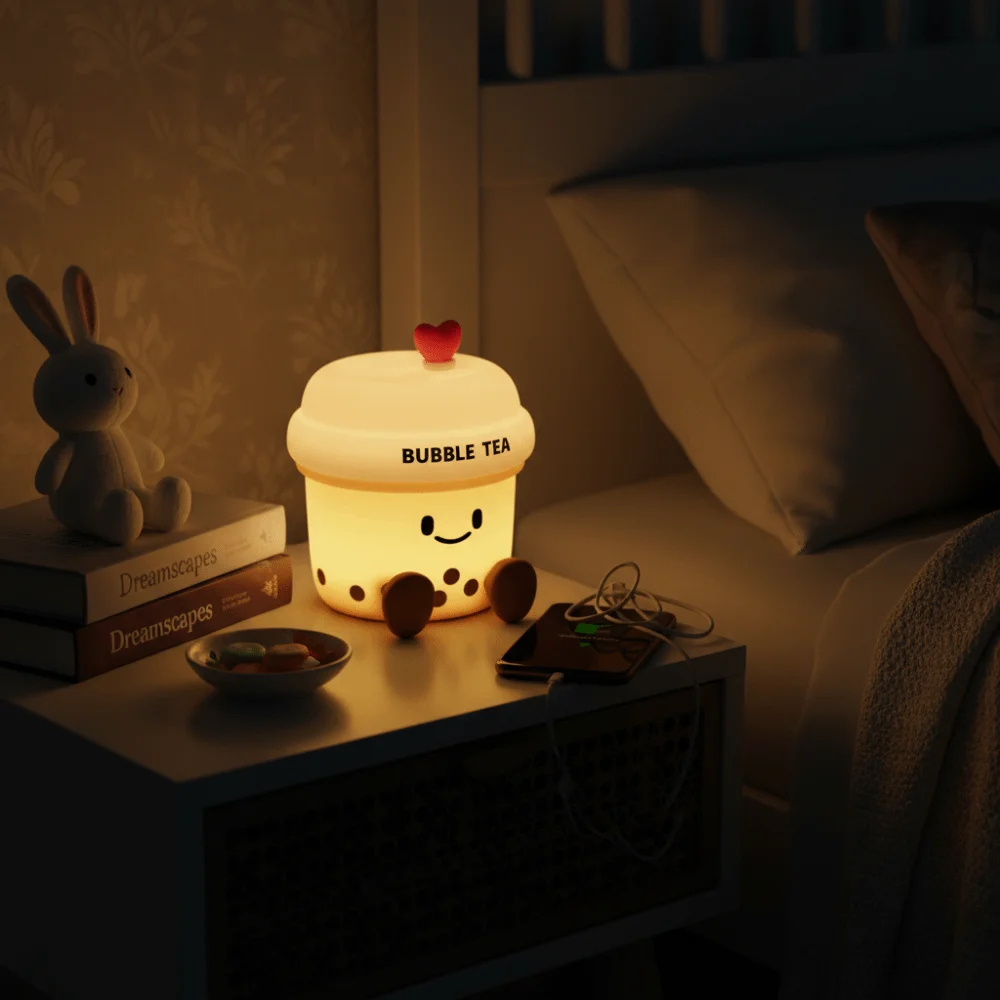Led Light Milk Tea Cup Night Light Silicone Material Cute Design Cartoon Table Lamp Popular Style Not Dazzling
