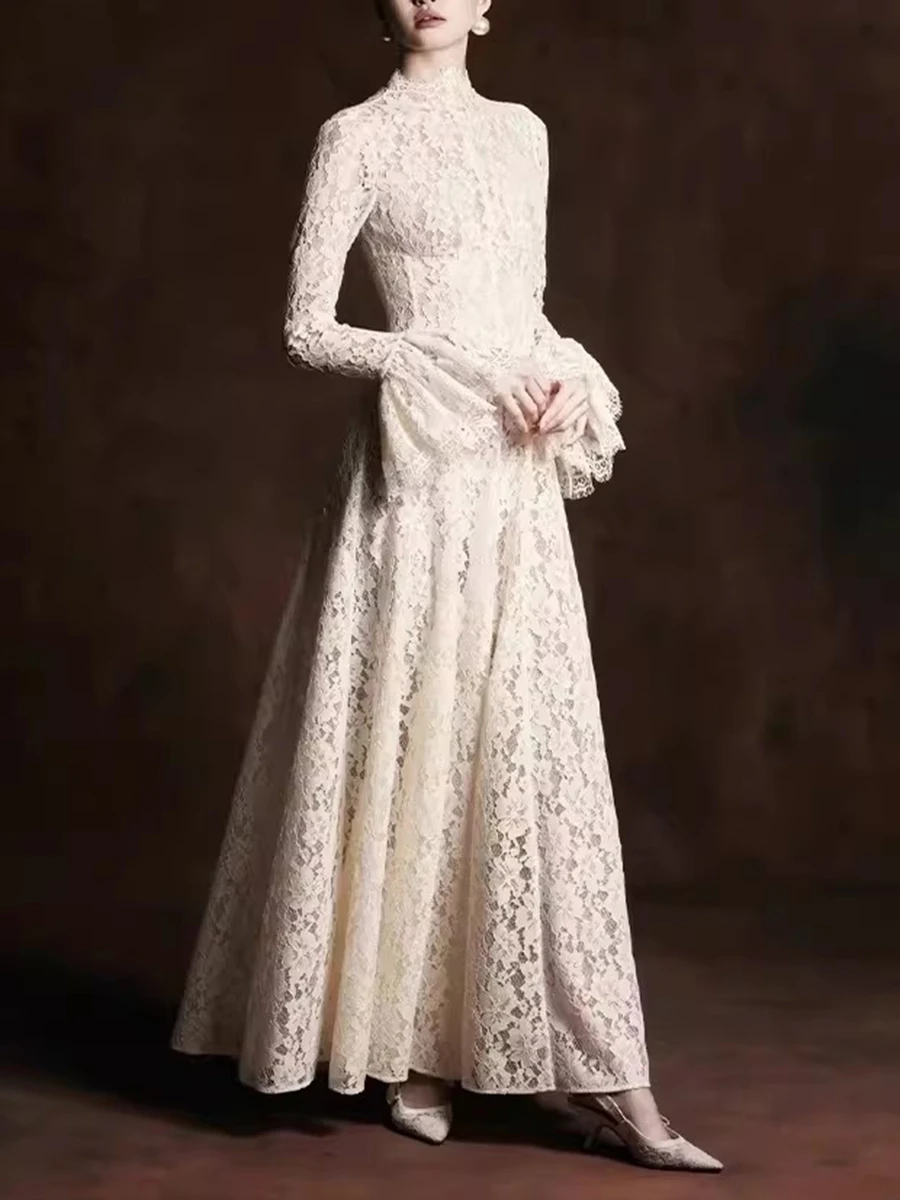 slimming lace dress 2025 Hollow White Lace Long Sleeve Maxi Dress