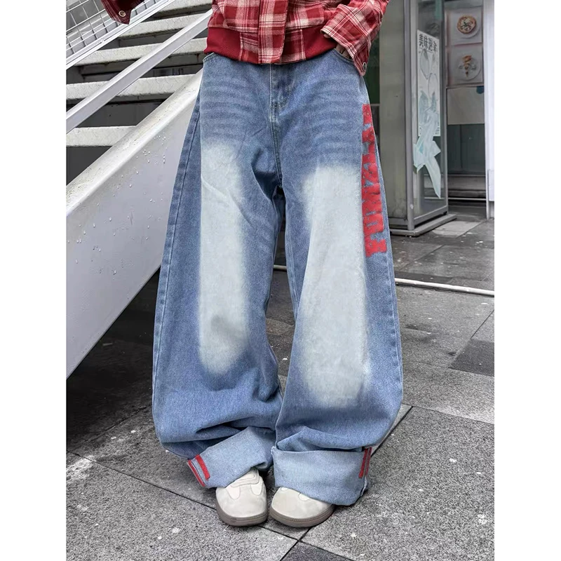 

ZHIZOU Women's Blue Y2k Letter Print Jeans Harajuku Vintage Baggy Denim Trousers Aesthetic 2000s Style Oversize Jeans Pants