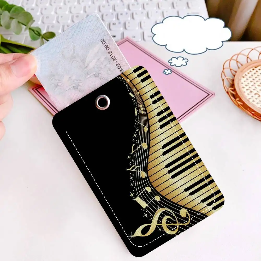 Vintage Cool Music Notes Piano Rectangle ID Card Case Keychain Access Card Bag Key Tag Ring Leather Card Holder Key Ring Access