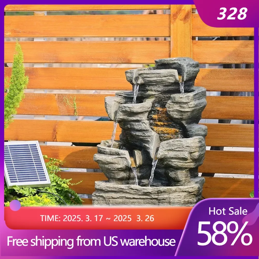 6 Tier Cascading Rock Solar Water Fountain Outdoor Garden Waterfall Decor for Garden Porch and Home Art Decor Outdoor Fountain