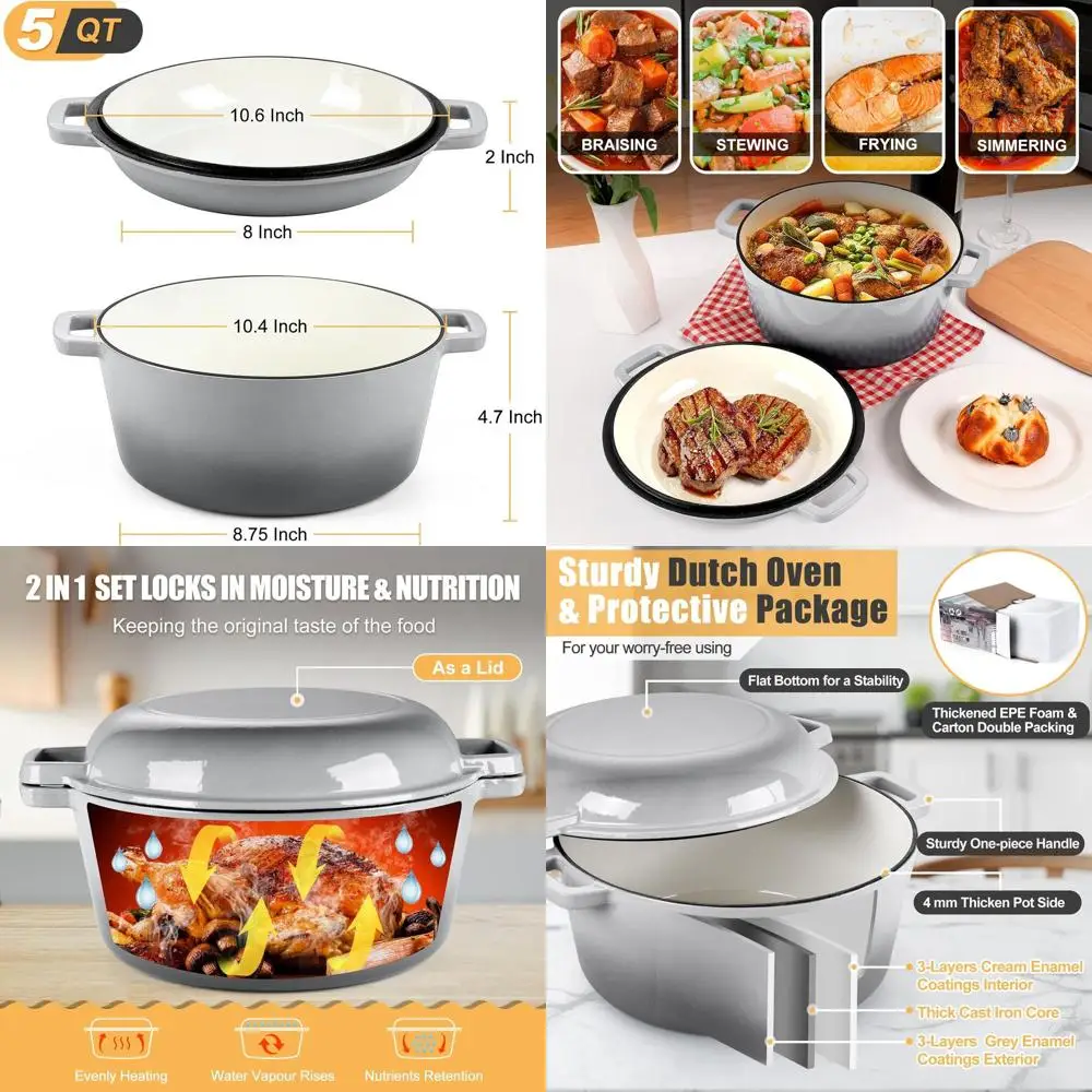 

Чугунная кастрюля-духовка серого цвета, 5 кварт (4,7 л), с крышкой, 2-в-1: круглая кастрюля и сковорода для выпечки хлеба, запекания, тушения, жарки, приготовления на пару