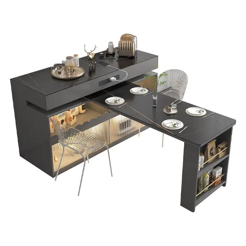 Rock slab island dining table integrated light luxury telescopic rotating high-end household mobile can be modern and simple