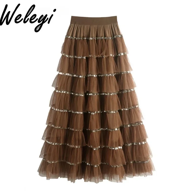 

Sweet Sequined Mesh Pleated Mid Cake Skirt Women 2025 Summer New Clothes Woman High Waist Thin Sequins Gauze Mid-length Skirts