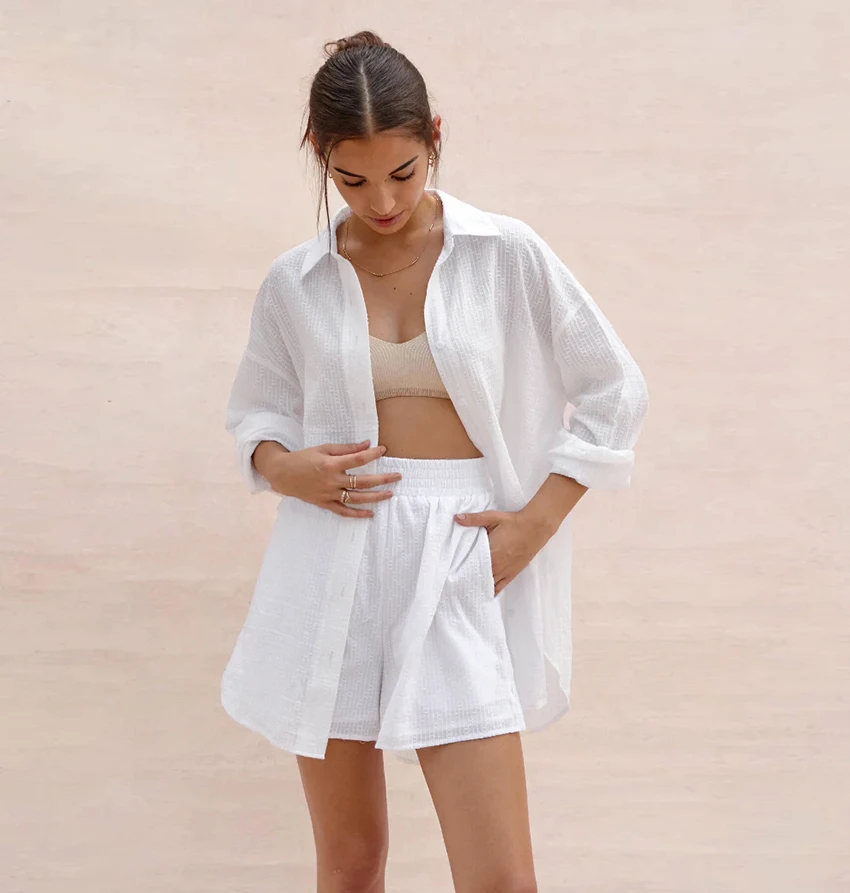 Conjunto informal de algodón de dos piezas para mujer, Blusa de manga larga con cuello vuelto, pantalones cortos de cintura elástica, traje de calle, conjuntos sueltos de 2 piezas