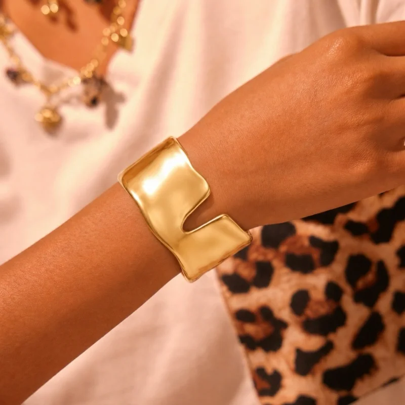 Women Modern Abstract Wide Cuff Bracelet Gold Tone Asymmetrical Design Trendy Accessories