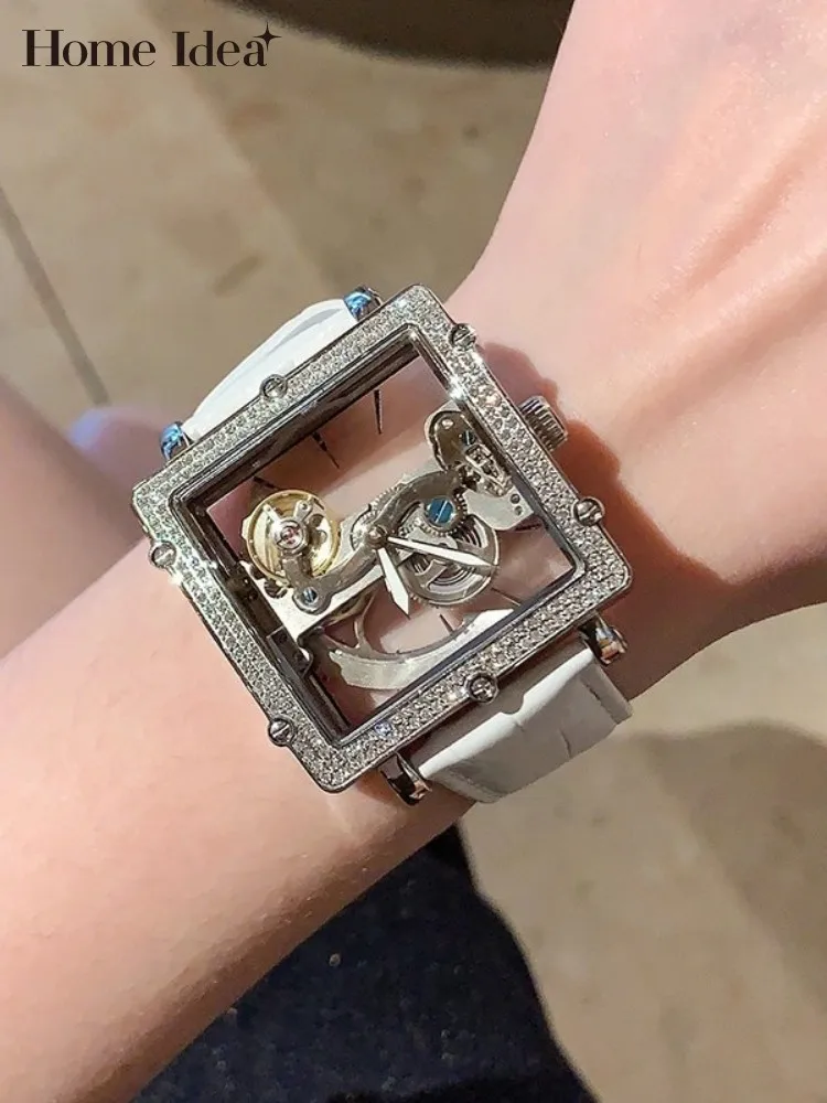 Women Luxury Fashion Mechanical Watch Genuine Leather Strap Pin Buckle Transparent Hollow Out Designer Wristwatch Accessories