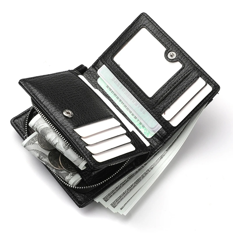 Men PU Leather Short Wallet With Chain Zipper Clutch Wallet Male Short Trifold Purse Card Holder Change Coin Purse