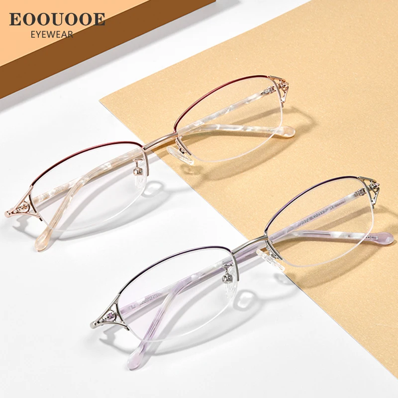 EOOUOOE Women Eyeglass Metal Acetate Optics Glasses Myopia Hyperopia Diamond Half Frame Daily Glasses Recipe Anti Reflective