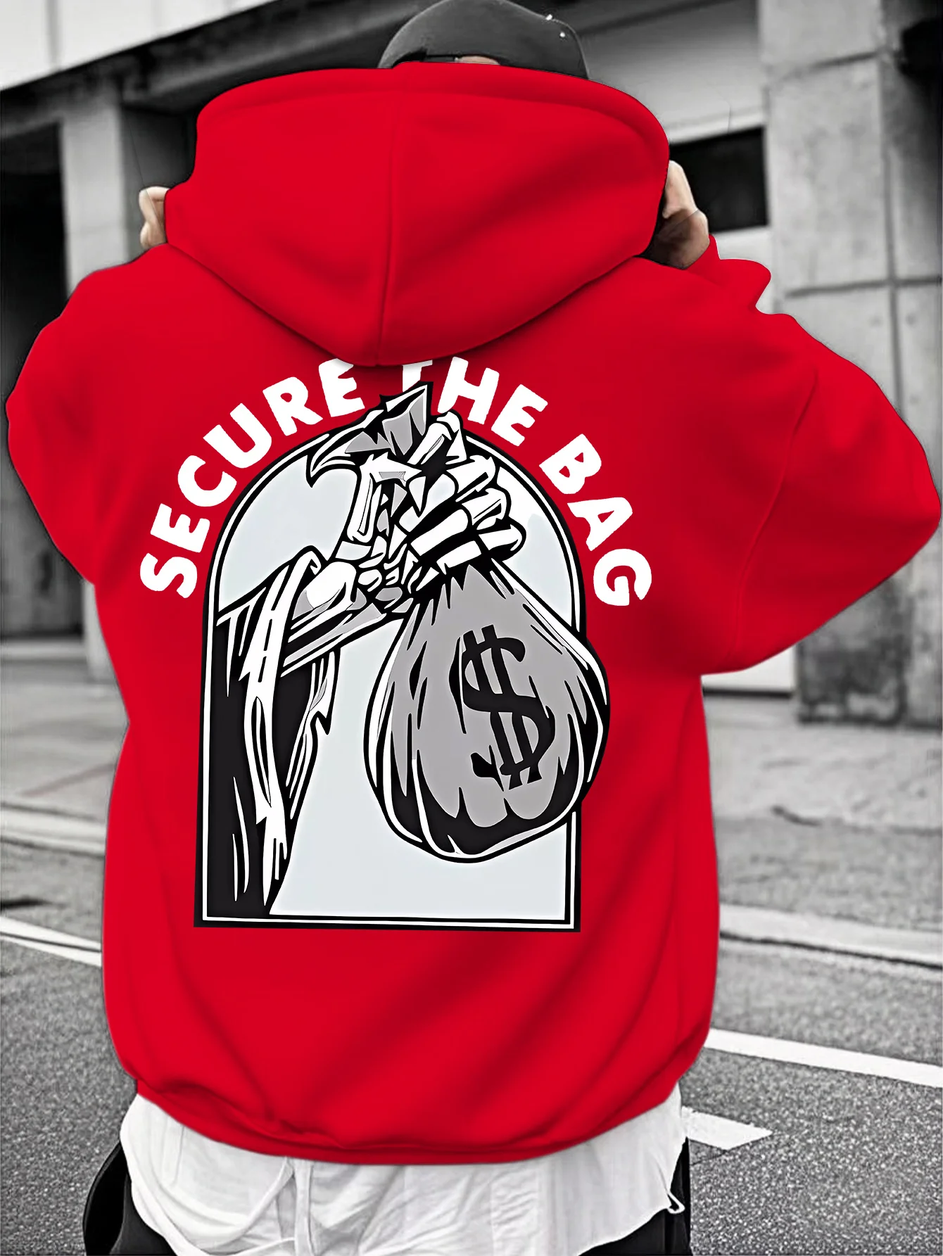 Money-themed printed men's hoodie, street style, autumn and winter warm pullover, machine washable casual sweatshirt