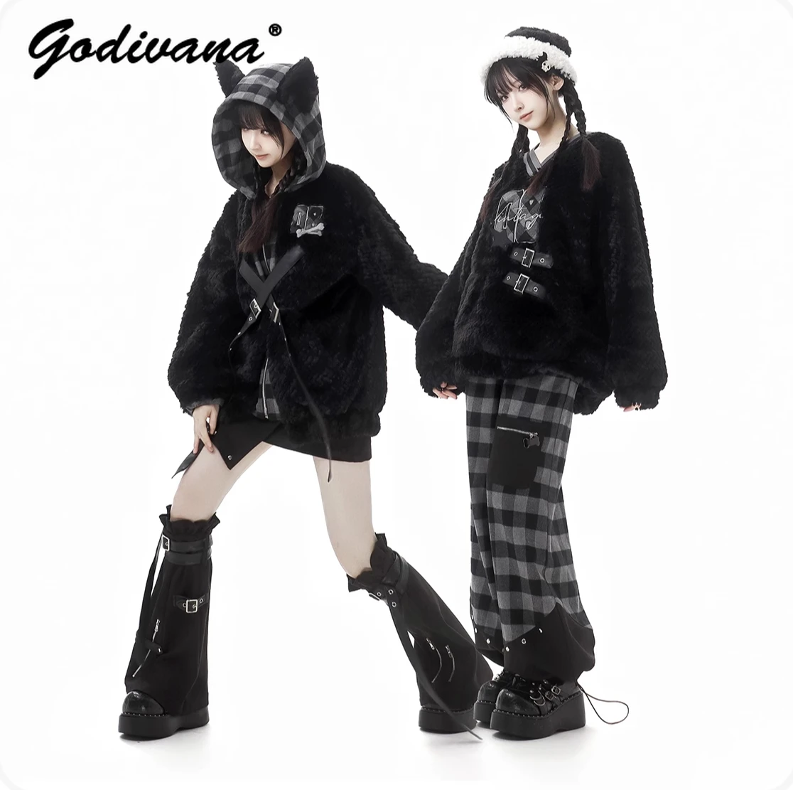 New Winter Soft Warm Fur Thickened Grid Hooded Jacket Girl Women's V-neck Furry Fleece Coat Casual Plaid Pants Casual Outfits