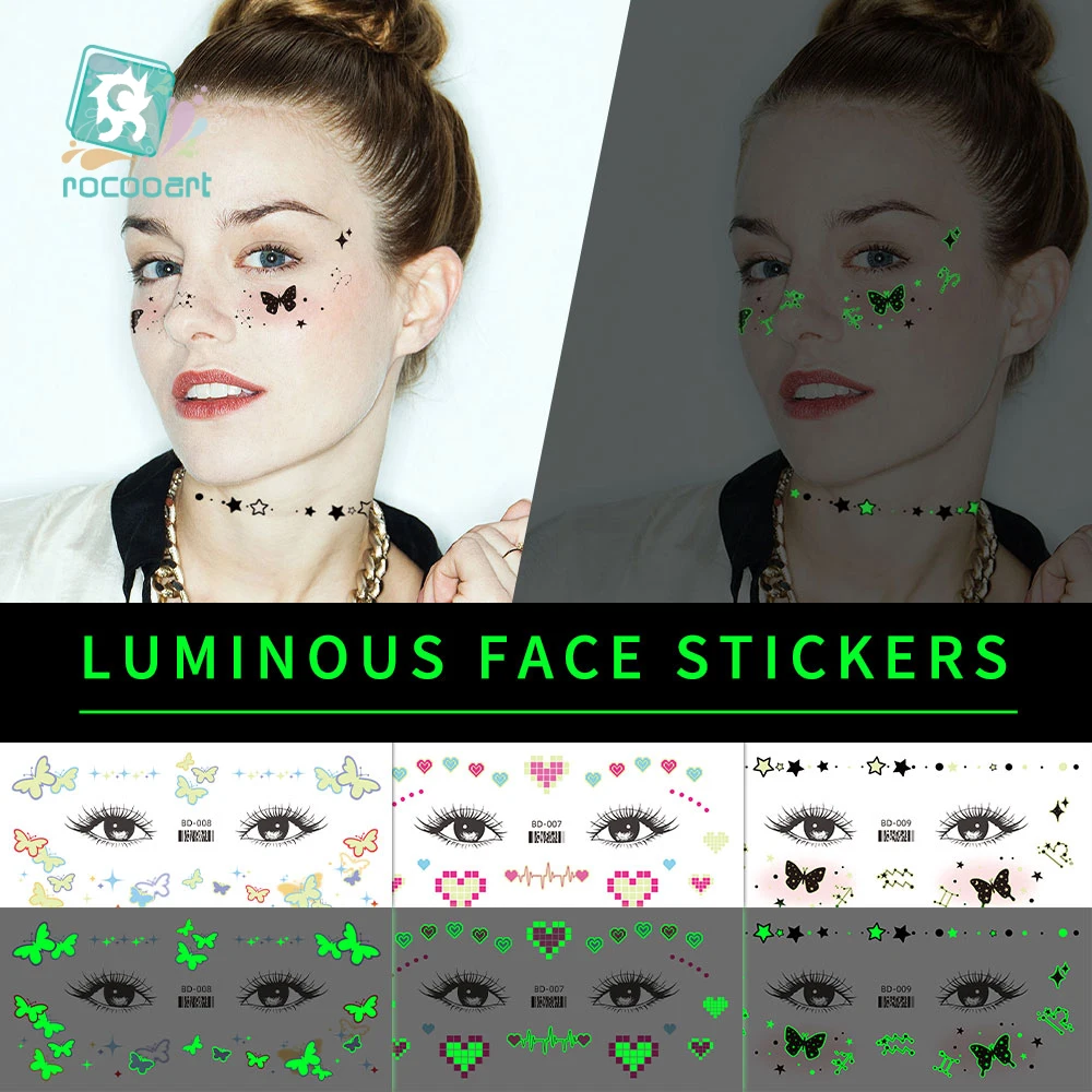 12Sheets Glowing Female Makeup Temporary Tattoo Sticker Fake Tattoo Stickers Woman Skin Luminous Face Freckle Tattoo Sticker