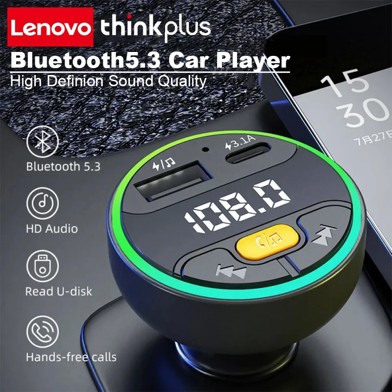 Lenovo ThinkPlus Car FM Transmitter Bluetooth 5.3 Handsfree Wireless Car Kit USB C Car Charger Auto Radio Fm Modulator Adapter