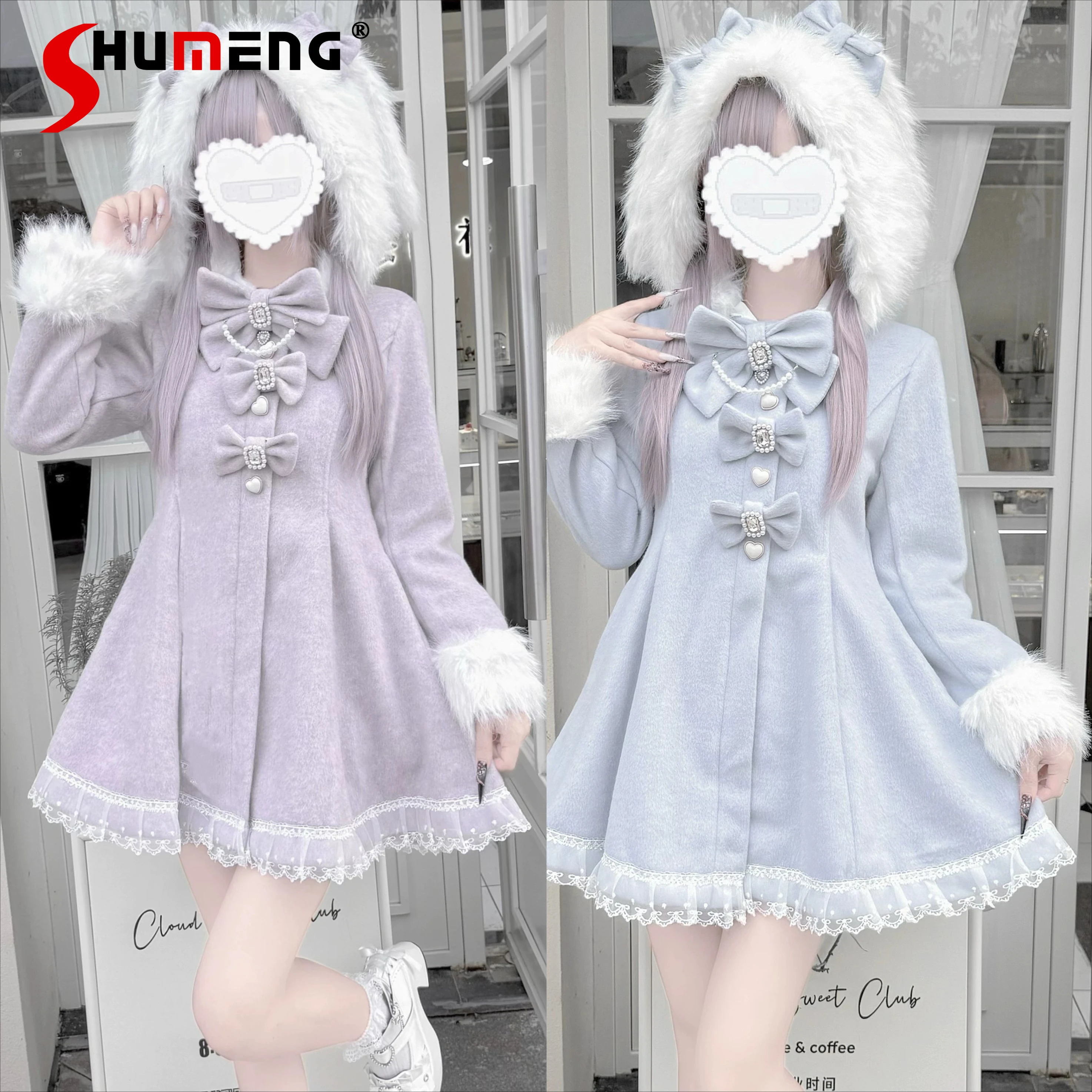 

Christmas Sweet Lolita Outwear Autumn Winter New Girls Women Japanese Mine Sweet Elegant Detachable Plush Hat Woolen Jackets