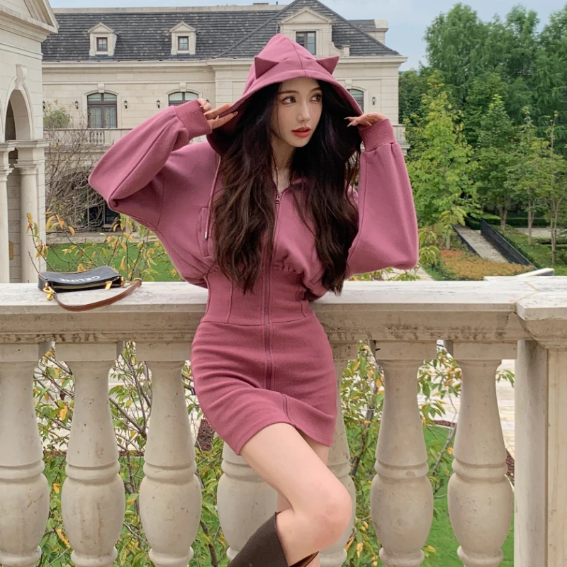 Korean Fashion Cat Ear Hooded Hoodie Dress Women Autumn Winter Long Sleeve Mini Dress Kawaii Bodycon Party Dress Vestidos