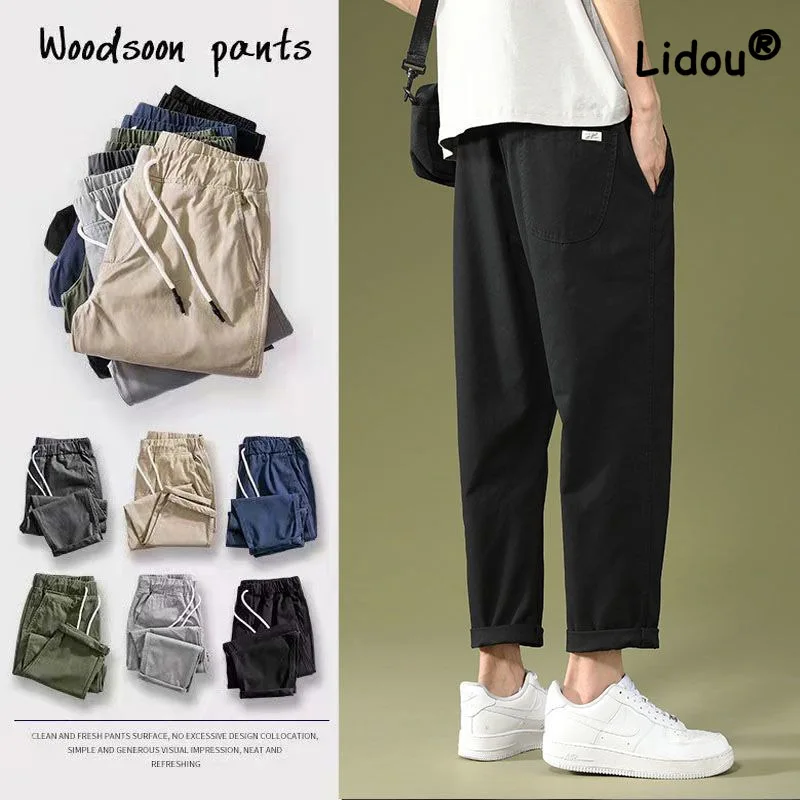 Casual Summer Solid Color Loose Harem Pants Man New Classic Brief Cargo Pants Youth Tide Male All-match Ninth Pants 2023