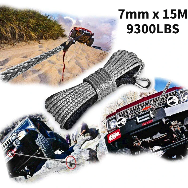 12 Strand String Synthetic Winch Rope Cable for Truck Boat ATV UTV: 9300lbs Towing Ropes 7mmX15m