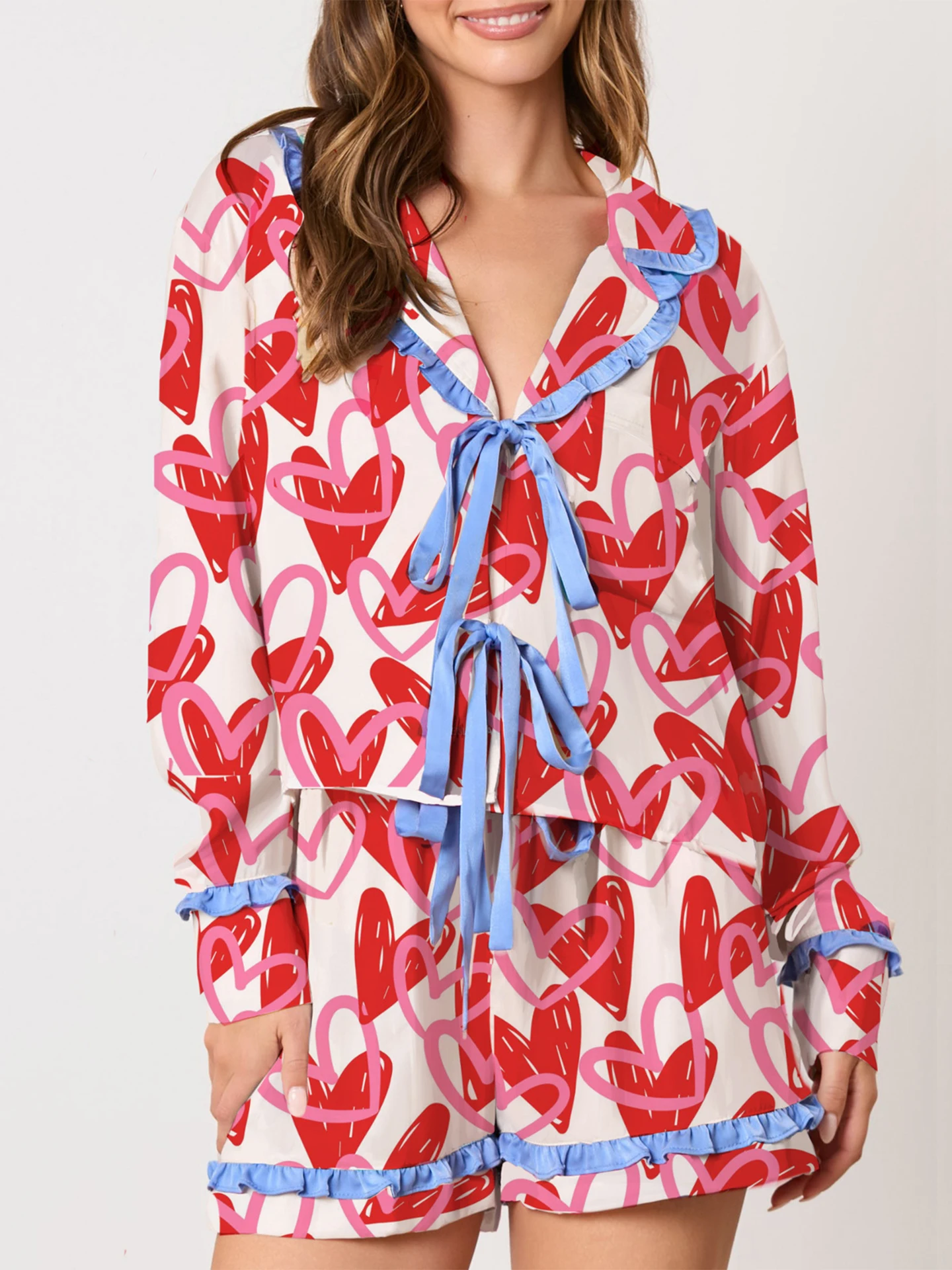 

Новые женские пижамы на День святого Валентина, рождественская лента, топ с длинными рукавами и бантом в виде сердца, шорты, свободная одежда для сна, гостиная 511903