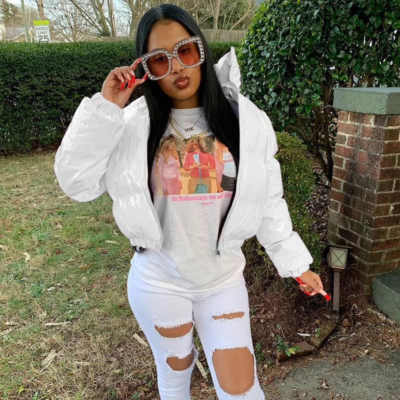 Nuevo cárdigan de cuero PU con acabado de espejo de color liso y cuello levantado, abrigo acolchado de algodón, prendas de vestir exteriores de moda para mujer, Otoño Invierno