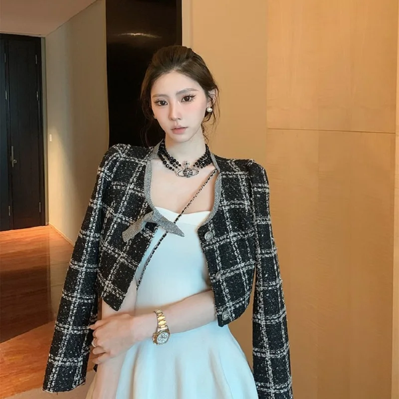 

Women Fall Winter New Wool Blend Tweed Bow Short Coat Single Breasted Plaid Top Sweet Y2K Streetwear Outwear Jackets