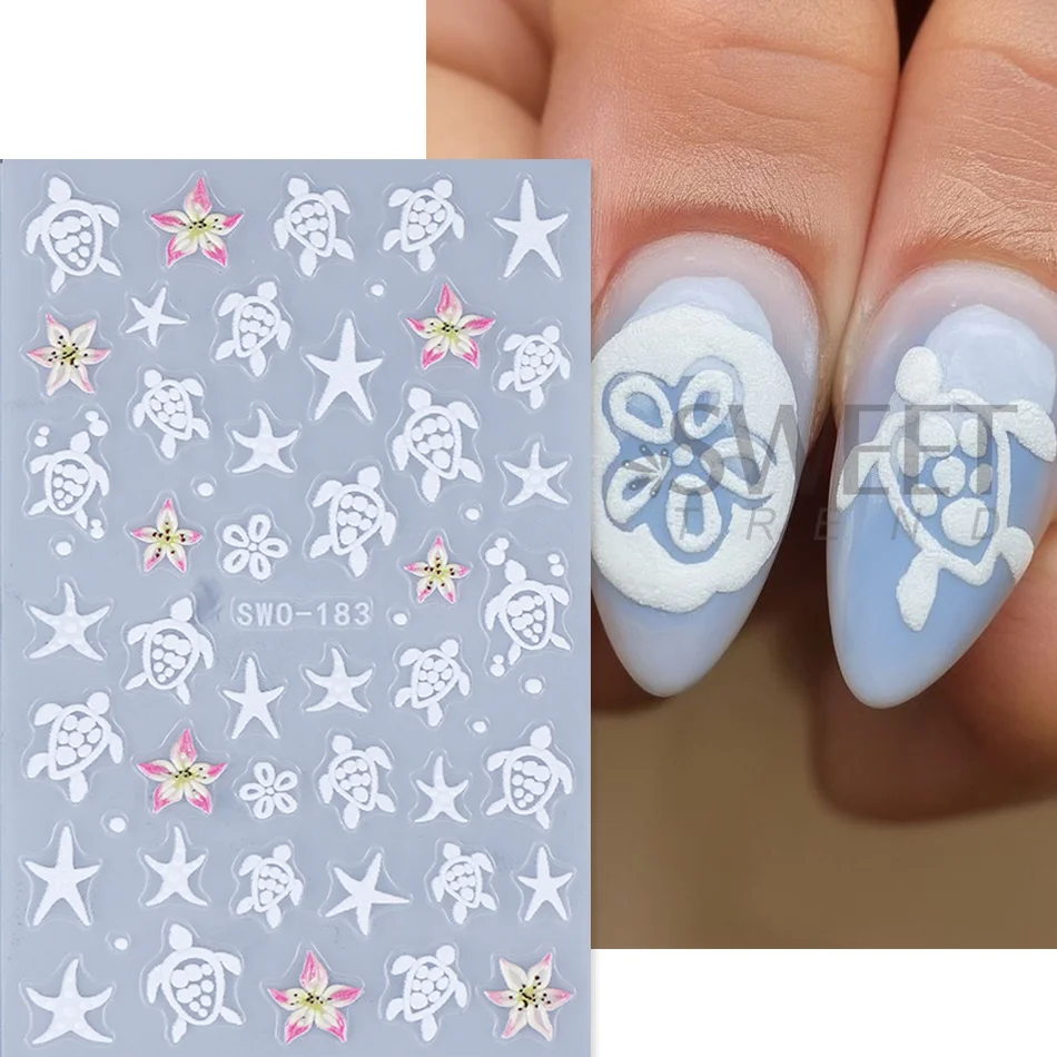 2pcs Ocean Nail Stickers  White Turtle Starfish Dot Lily Beach Design Adhesive Nail Decals DIY Summer Manicure Decoration Slider