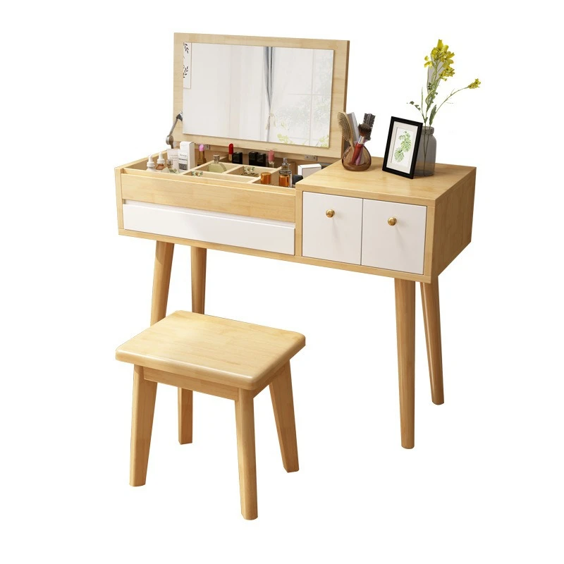 Nordic solid wood dresser flip type with mirror, modern simple small apartment bedroom Internet celebrity style makeup table
