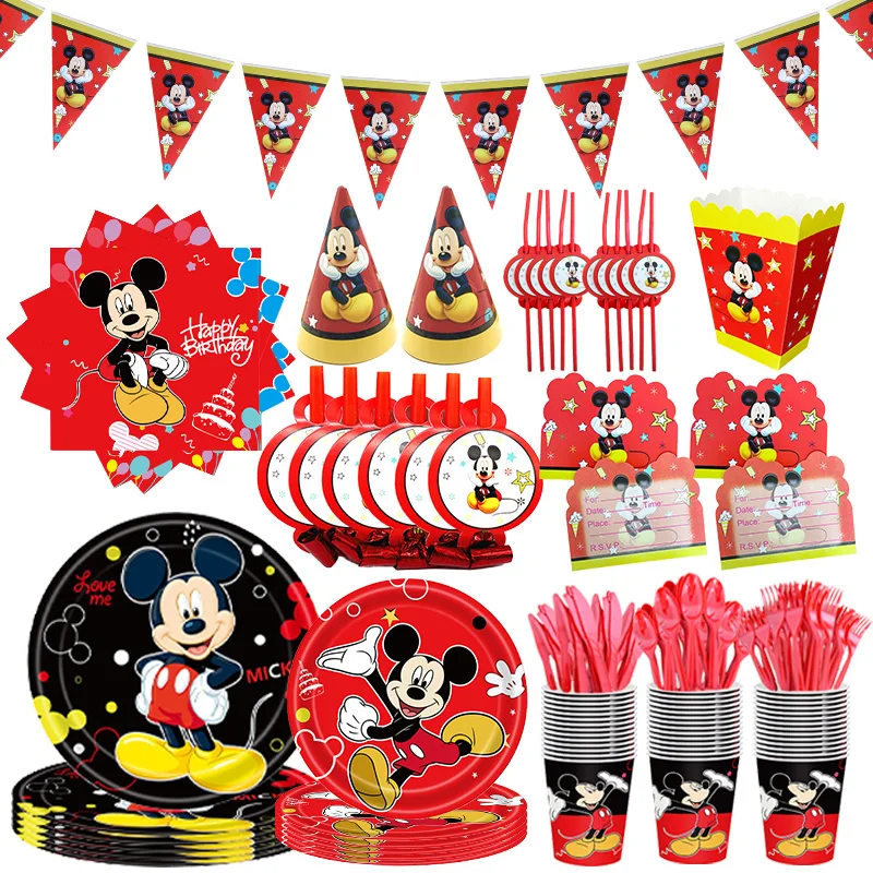 Mickey Mouse Birthday Party Supplies Tableware Knife Fork Spoon Balloon Set Backdrop Banner Plates Napkin Baby Shower Decoration