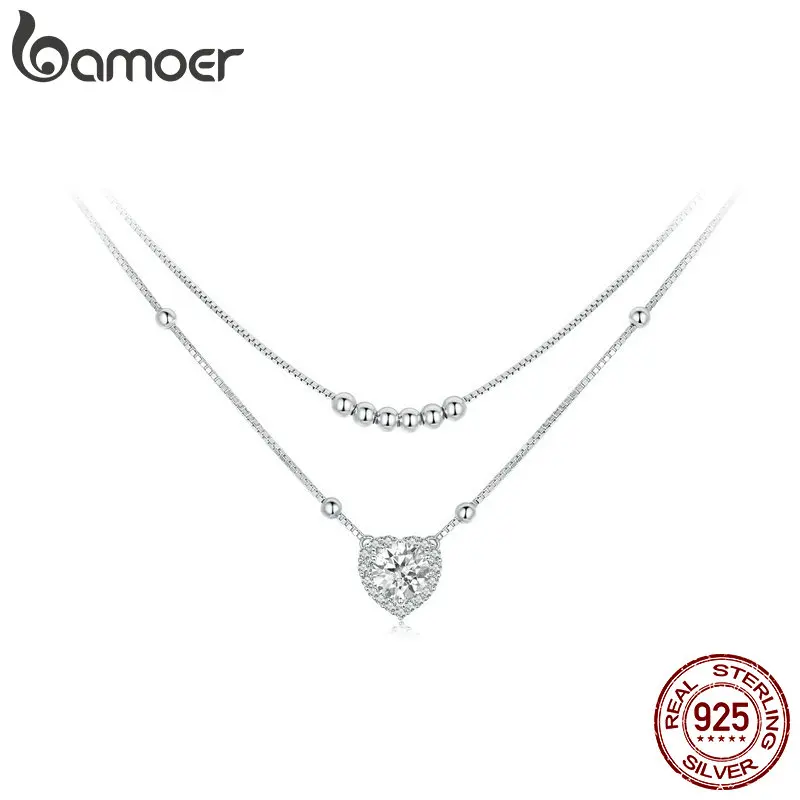 Bamoer 925 Sterling Silver Halo Heart Moissanite Pendant Necklace Double-layer Necklace for Women Valentine's Day Gift