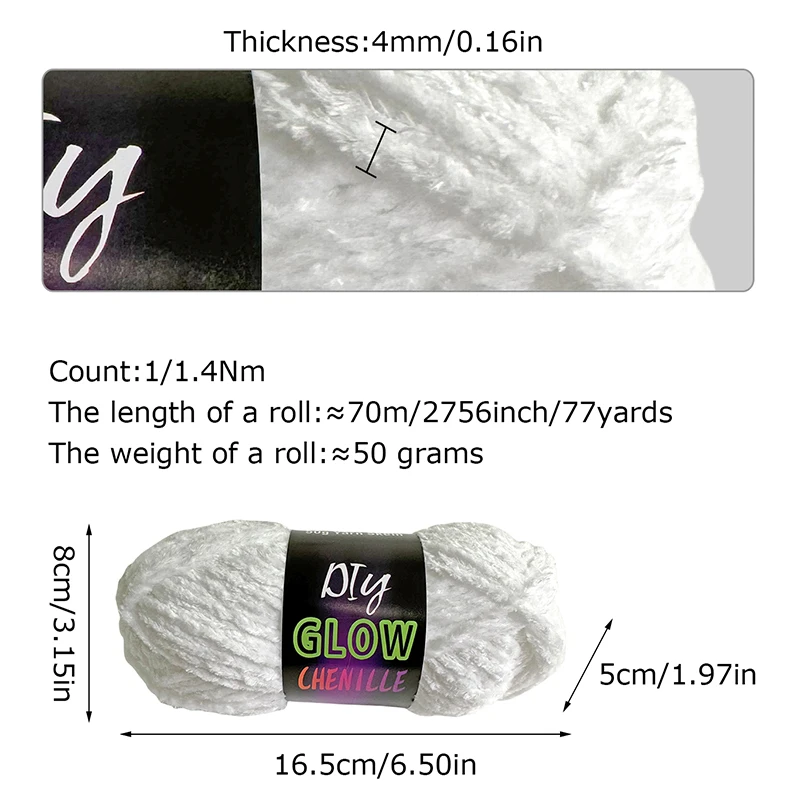 Luminous Chenille Yarn for Knitting, Glow in the Dark, Thick Scarf, Glowing, Polyester, Crochet, 50g/Roll, 4mm