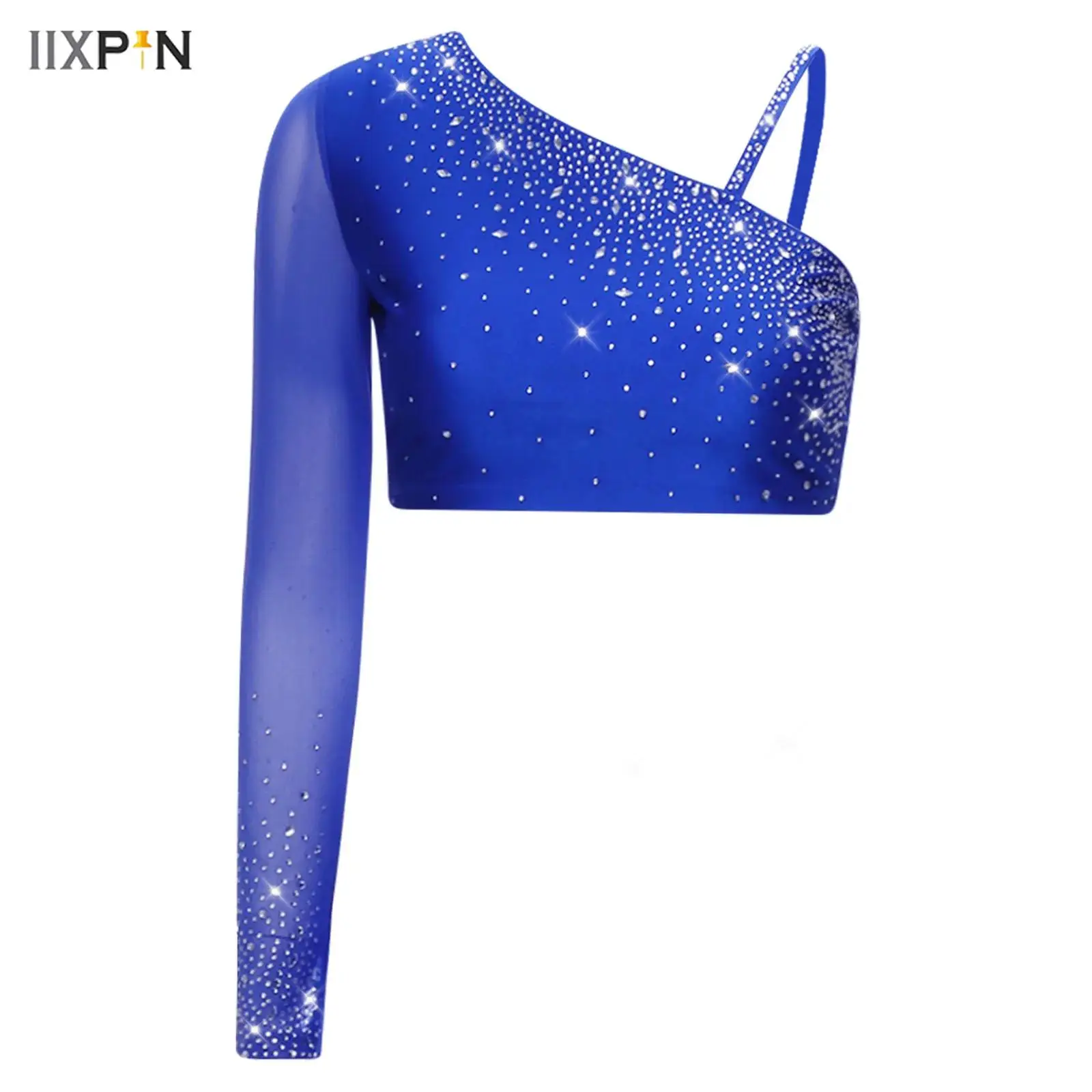 

Women Dance Crop Tops Mesh Long Sleeve Asymmetrical Shoulder Glitter Rhinestone Pullover Crop Top Contemporary Lyrical Dancewear