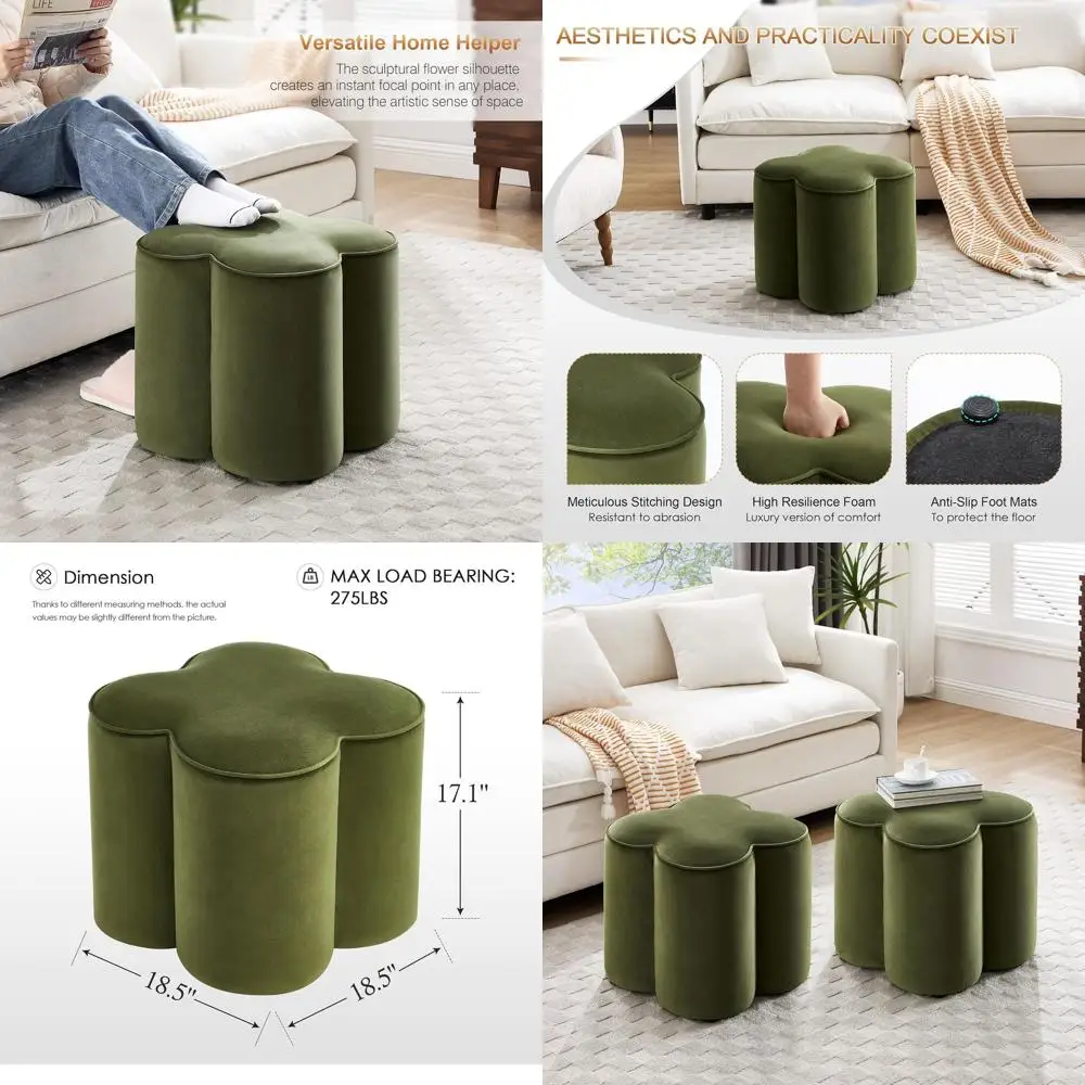 Green Velvet Ottoman, Stylish Square Stool for Living Room or Bedroom, Perfect for Dorms