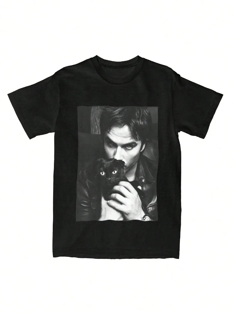 Men's T-shirt Ian Somerhalder retro style 50% cotton short-sleeved T-shirt Damon Salvatore vampire T-shirt crew neck top