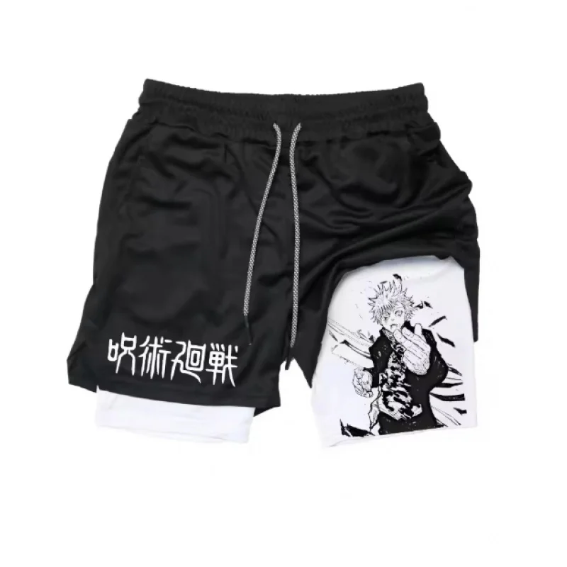 Men's Jujutsu Kaisen Anime Compression Shorts Quick Dry Athletic 2-in-1 Workout Fitness Gym Performance Quick Dry Pocket Shorts