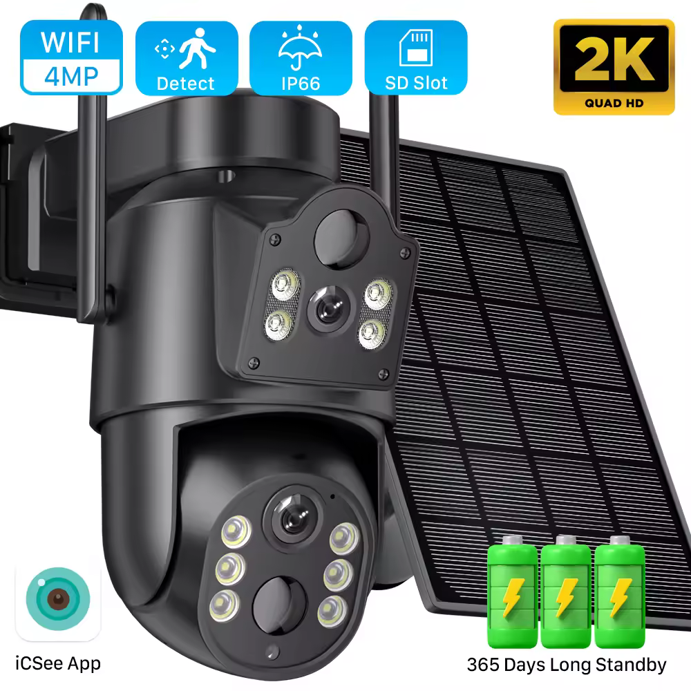 4MP 2K Wireless Solar Camera Outdoor Dual Lens WiFi 1080P IP Camara Solar Panel CCTV Security Built in Battery PIR Cam iCSee App