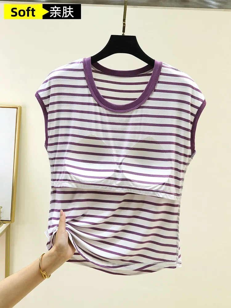 Modal round Neck Sleeveless Striped Base Layer Top Women Summer Inner Wear No Bra Casual plus Size with Chest Pad Cotton T-Shirt