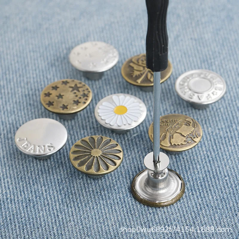 10Pcs Metal Jeans Buttons 17mm Replacement No-Sewing Screw Button Repair Kit Nailless Removable Jean Buckles Clothing Pants Pins