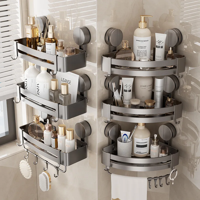 Suction Cup Bathroom Shelf Aluminum Alloy Shampoo Rack Shower Shelf Bathroom Accessories No Drilling Wall Corner Shelf